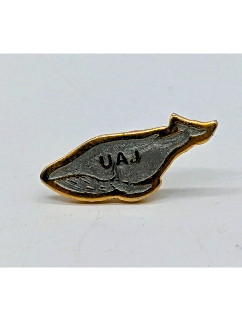 Vintage UAJ Whale Lapel Pin Gold Tone Silver Tone Metal